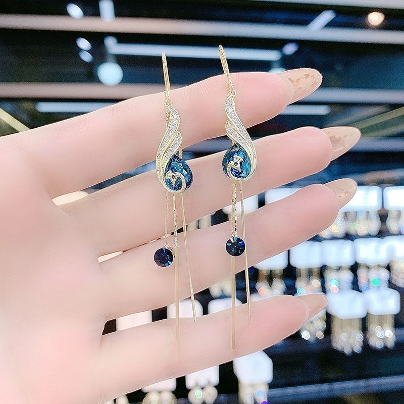 Celestial Gold Earrings with Blue Beads & Chain Tassels