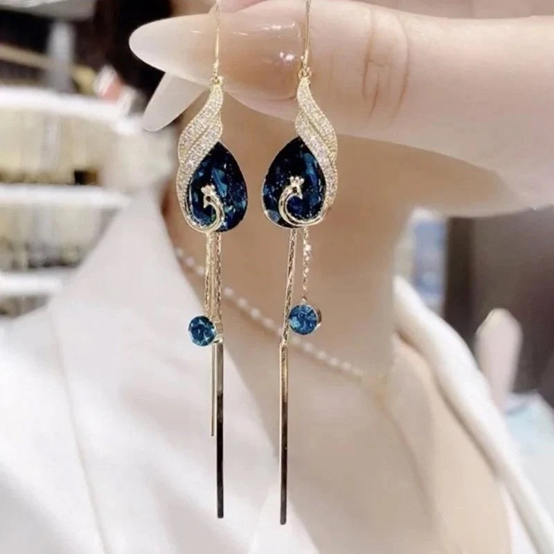 Celestial Gold Earrings with Blue Beads & Chain Tassels