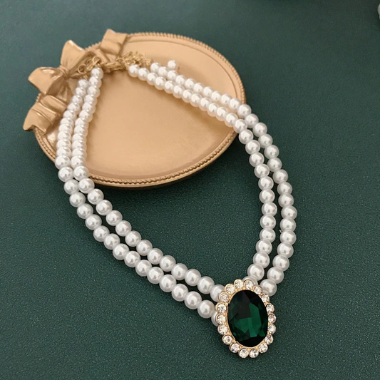 Regal Pearl Necklace – Double Strand with Emerald Halo Pendant