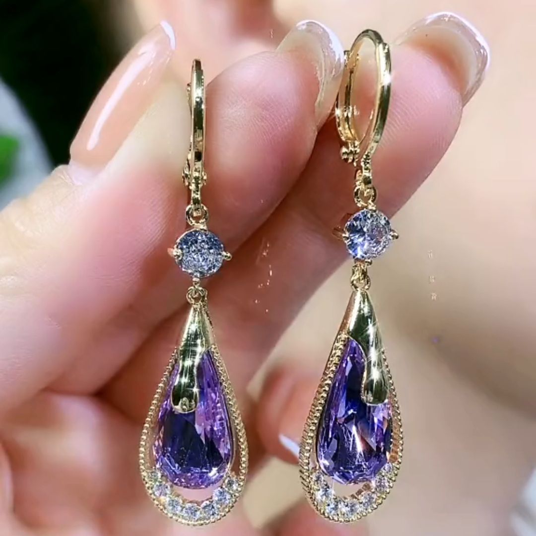 Drop Earrings with Purple Gemstone & Diamond Halo