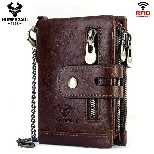 HUMERPAUL™ RFID Blocking Leather Wallet with Chain – Rugged Style & Anti-Theft Protection
