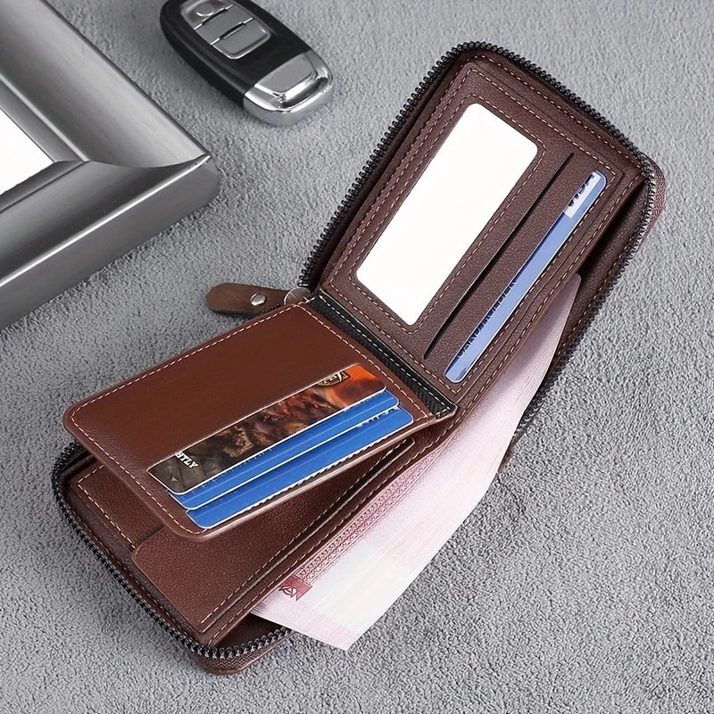 Premium Men's Leather Wallet - Large Capacity Zipper Purse with Multiple Card Slots