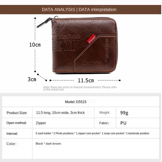Premium Men's Leather Wallet - Large Capacity Zipper Purse with Multiple Card Slots