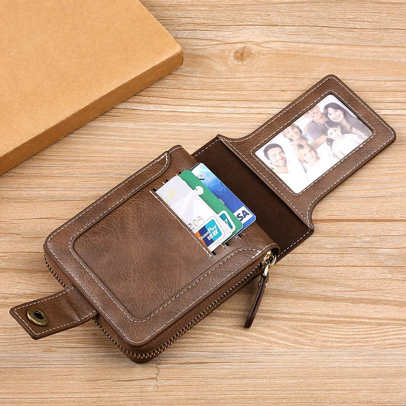 LABER LEE Vintage Men's Leather Wallet - Classic Leather Short Bifold with Hasp & Zipper | Premium Mini Purse for Men