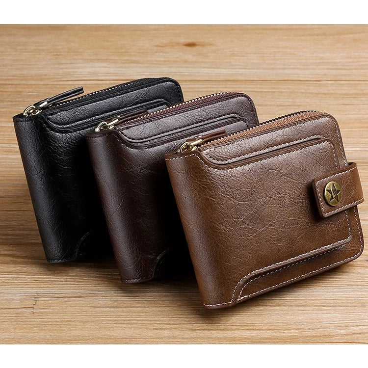 LABER LEE Vintage Men's Leather Wallet - Classic Leather Short Bifold with Hasp & Zipper | Premium Mini Purse for Men