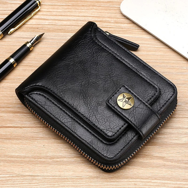 LABER LEE Vintage Men's Leather Wallet - Classic Leather Short Bifold with Hasp & Zipper | Premium Mini Purse for Men