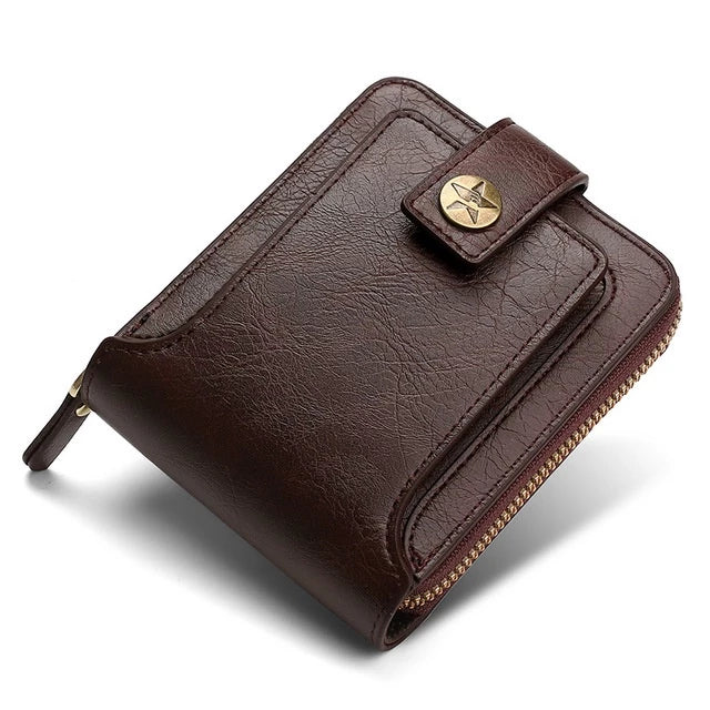 LABER LEE Vintage Men's Leather Wallet - Classic Leather Short Bifold with Hasp & Zipper | Premium Mini Purse for Men